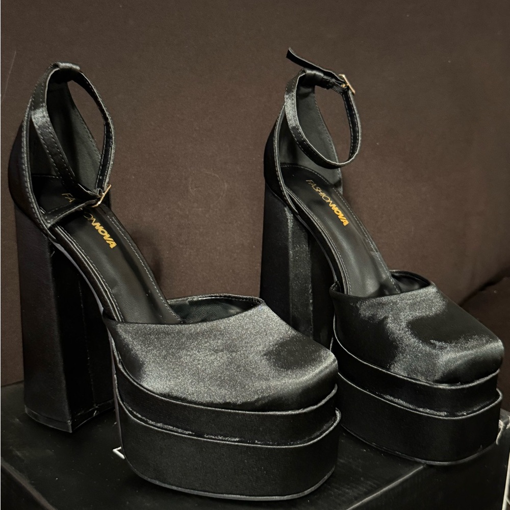 Fashion Nova Black Satin Platform Sandals